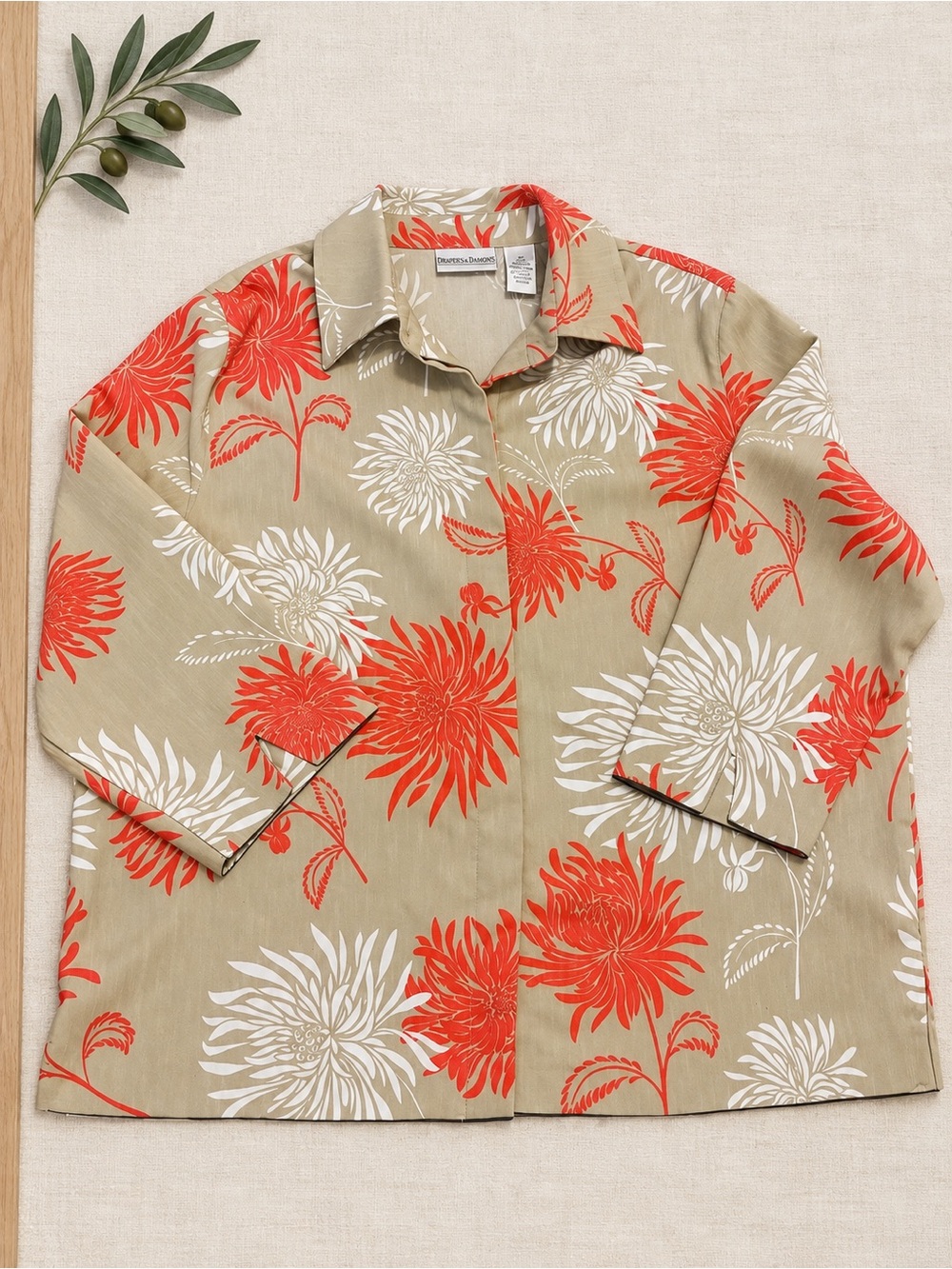Tommy Bahama Tan Floral Button-Down with Red & White Blooms